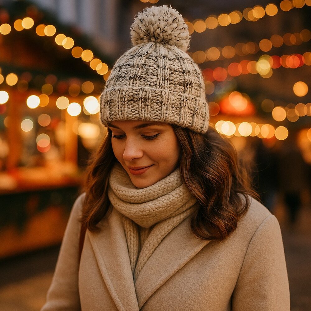 ✨ Eddie Bauer Y2K Basket-Weave Pom Beanie — Oatmeal & Charcoal Marled (RN 47648)